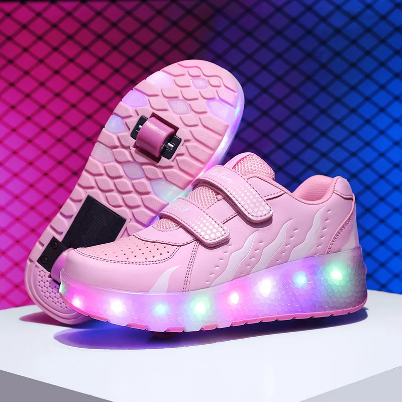 Children’s Two Wheels Luminous Glowing Sneakers Heels Pink Led Light Roller Skate Shoes Kids Led Shoes Boys Girls USB Charging