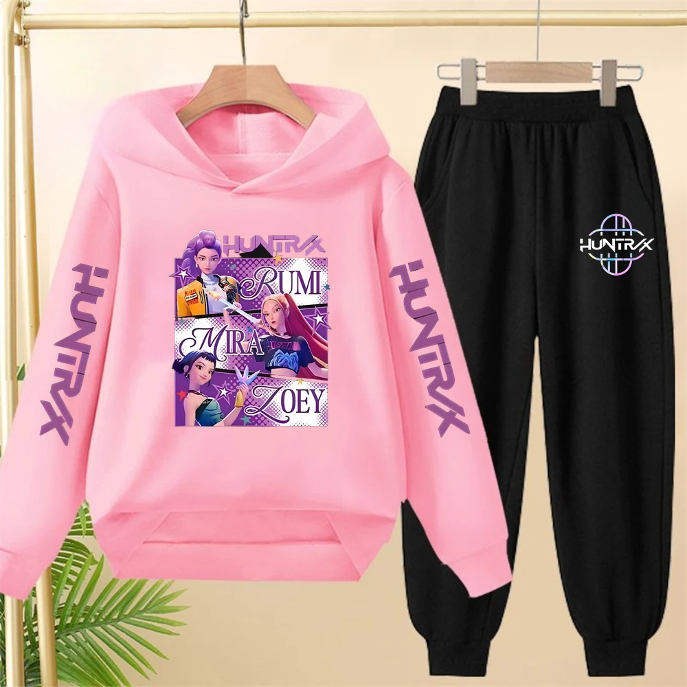 Children's black Hoodie Coat Girl KPop Demon Hunters Sweatshirt Girls Toddler Sports Top+Pants Two-piece Set Stylish Casual Set