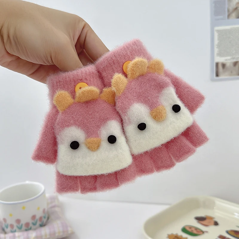 Christmas Penguin Winter Children's Gloves Cute Finger Baby Warm Half Finger Flip Cover for Boys Girls Mittens Gloves 2-6Years