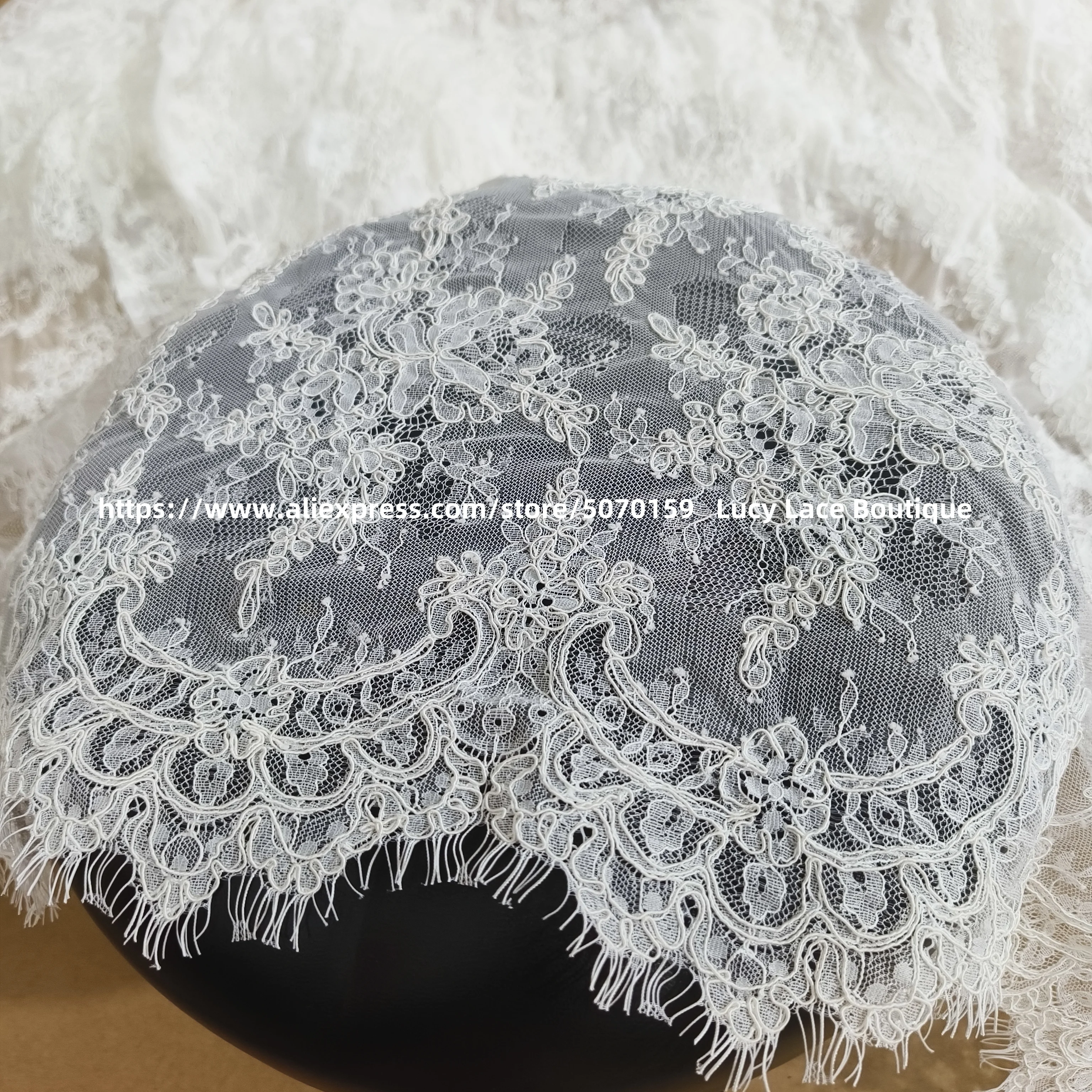 Classic Floral Corded Eyelash Lace Fabric - Handmade Alençon Lace Bridal Embellishments for Wedding Dresses 1.5M Wide, 3M Long