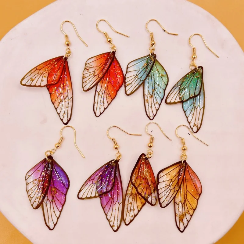 Clear Gradient Color Resin Wings Dangle Earrings for Women Wholesale Copper Rhinestone Butterfly Pendant Earring Jewelry Gifts