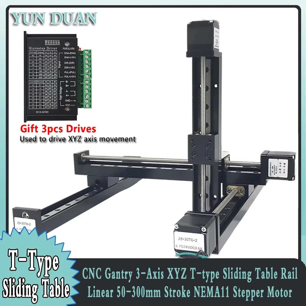 Cnc Gantry T-type Sliding Table Rail Linear 50-300mm Stroke Sliding Table NEMA11 Stepper Motor Kit Linear Guide XYZ Axis