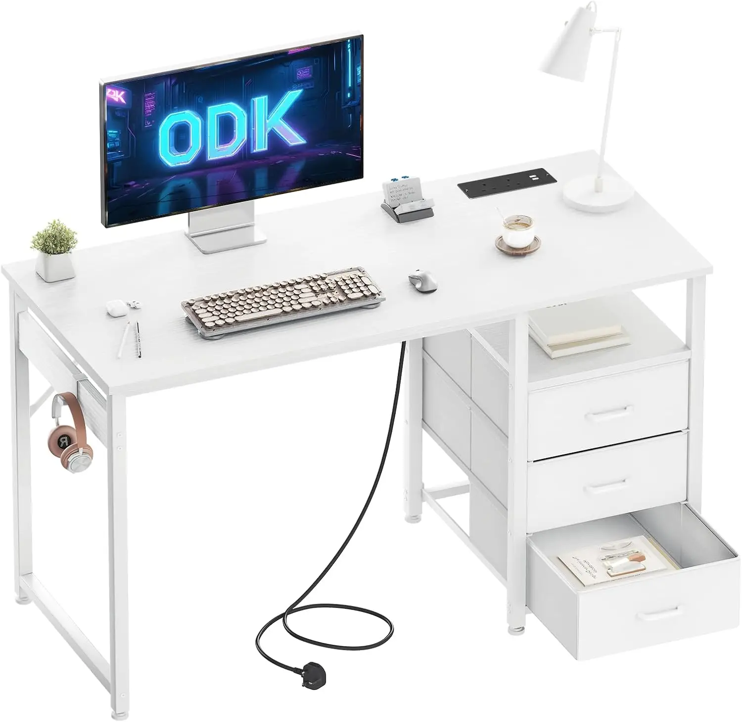 Coleshome Computer Desk with Drawers, Office Desk with 2 Sockets & USB Ports, Reversible PC Table with Storage, Bedroom, White