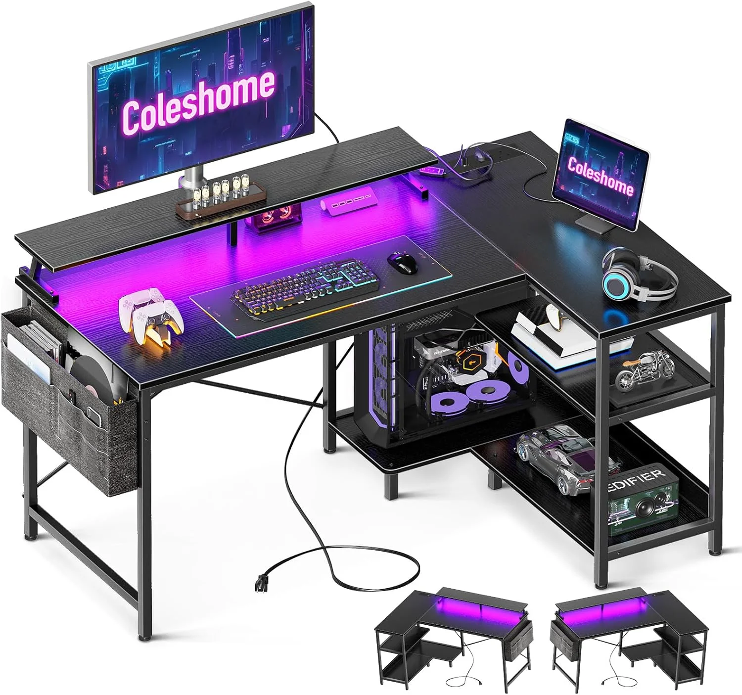 Coleshome L Shaped Gaming Desk with LED Lights, 120 × 80 cm Computer Desk with Power Outlet, Black