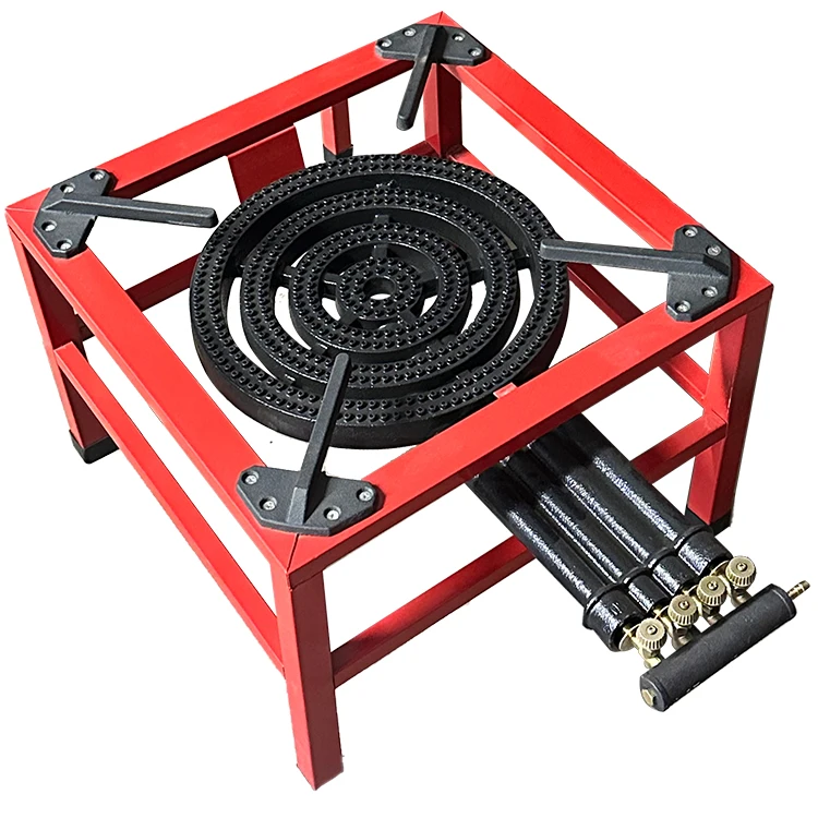 Commercial Heavy Duty Gas Stove 3 Keys Outdoor Camping Party Picnic Cooking Outdoor Single Cast Iron LNG Stove (Red)