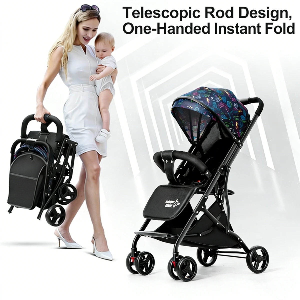 Compact Travel Stroller Easy One Hand Fold, Lightweight, Extendable Canopy Reclining Seat, 4 Wheel Suspension, Black