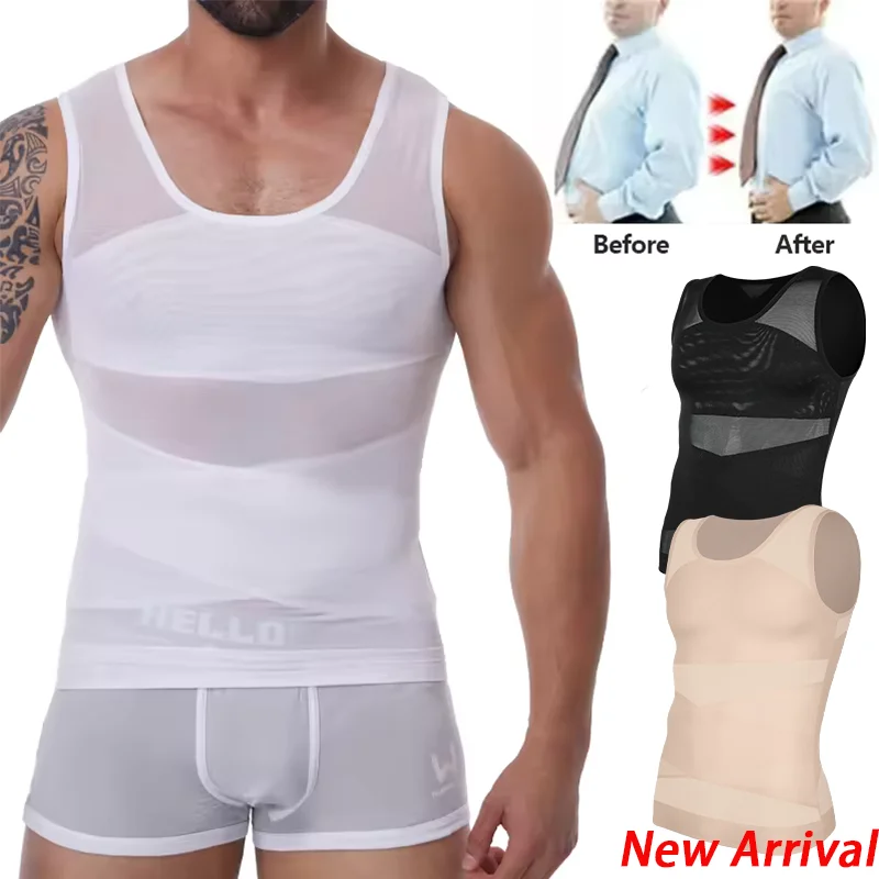 Compression Shirt for Men Slimming Undershirt Body Shaper Tank Top Gynomastica Sleeveless Shapewear Vest Mesh Cross Suit 3XL