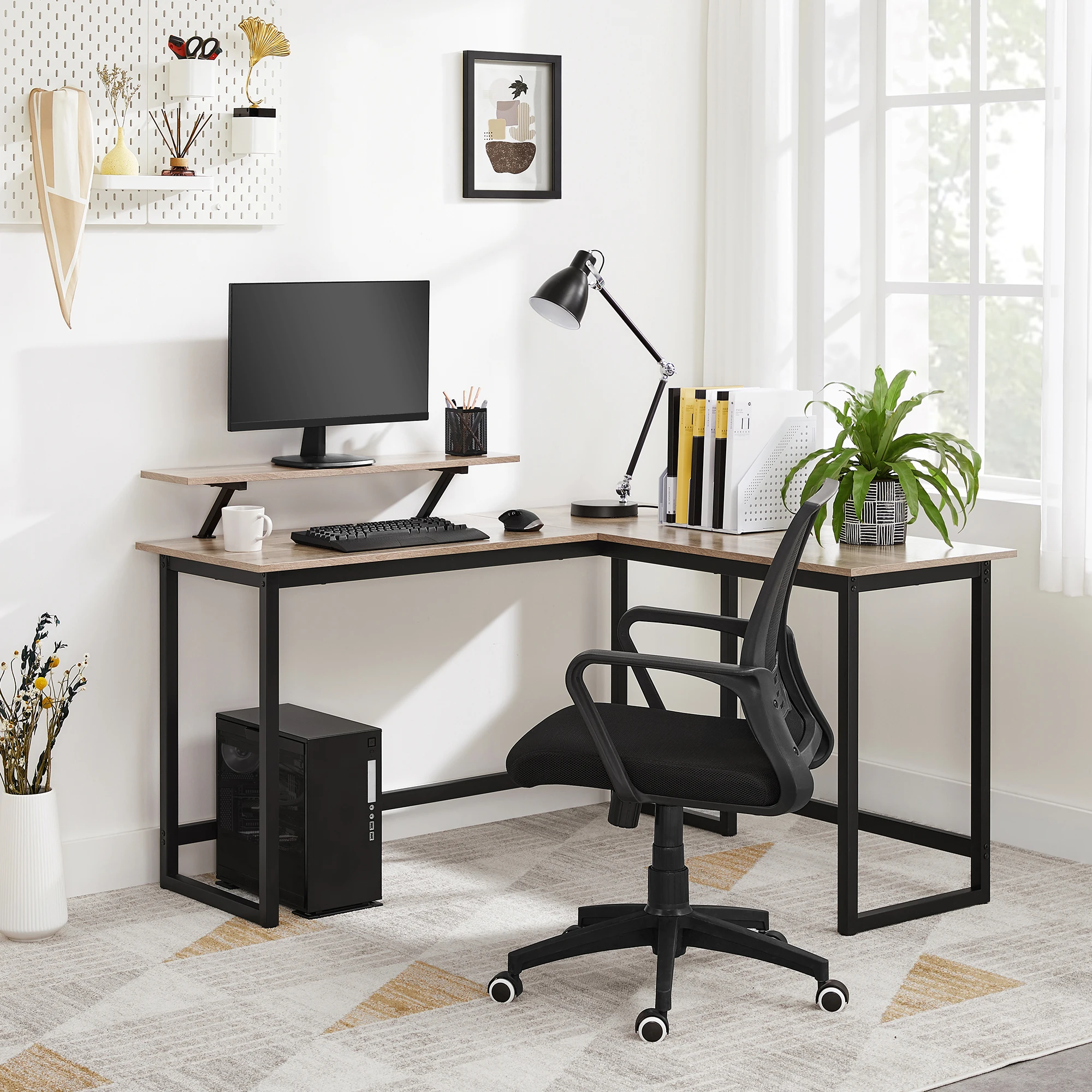 Computer Desk, L-Shaped Writing Workstation, Industrial Corner Desk With Monitor Stand, for Home Office, 140 x 130 x 76/91.5 cm