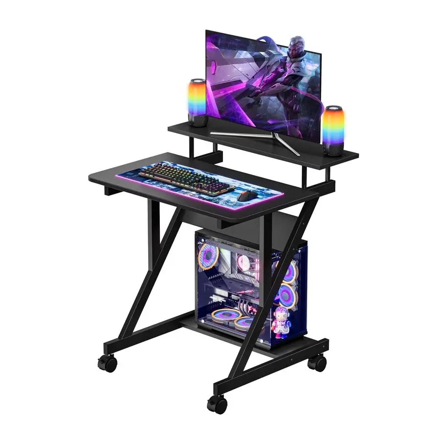 Computer Desk with Monitor Shelf Mobile Z Shaped Home Office Desk with Storage Shelves and Movable Wheels for Small Spaces, Com