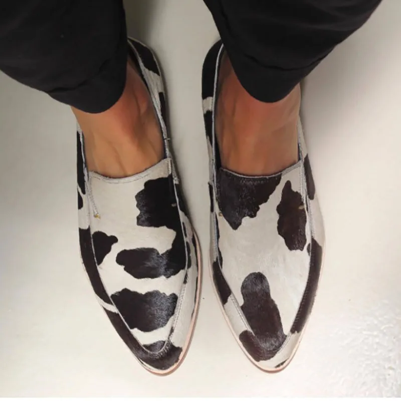 Cow Pattern Pointed Toe Casual Flat Loafers Women Boat Shoes Shallow Single Shoes