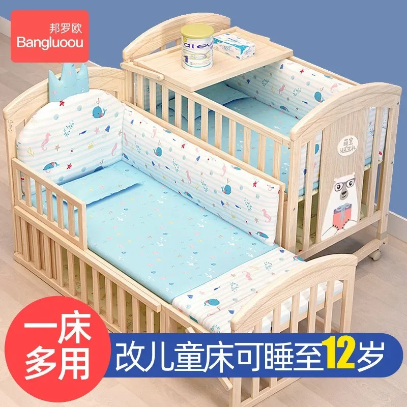 Crib solid log lacquer-free newborn bb bed multi-functional movable children's bed splicing queen bed