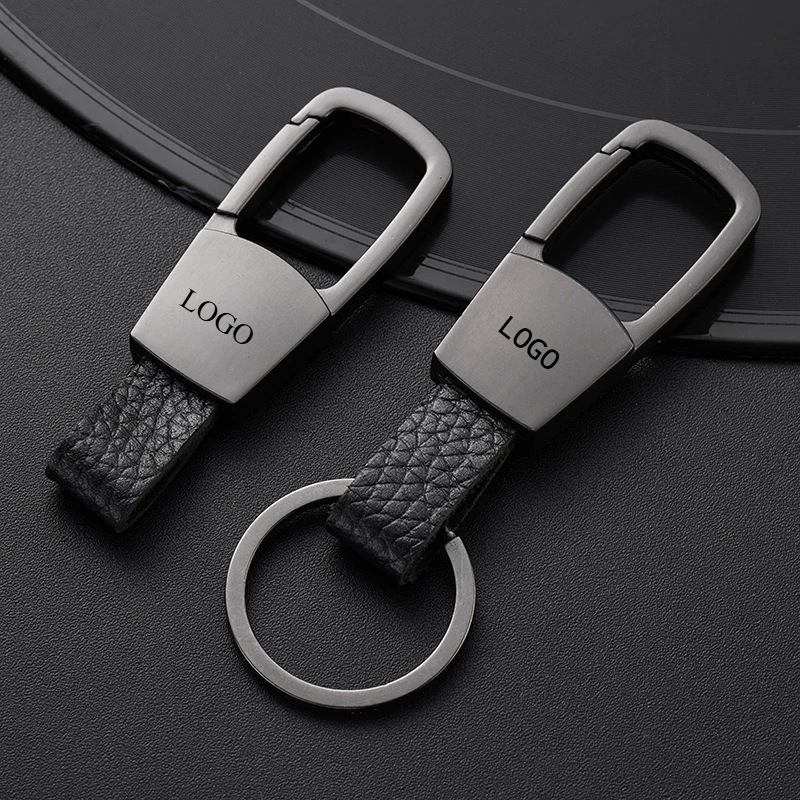 Customized LOGO Keychain Blank Litchi Pattern Genuine Leather Men's Short Rope Laser Engrave Car Keyring Personalized Key Chains