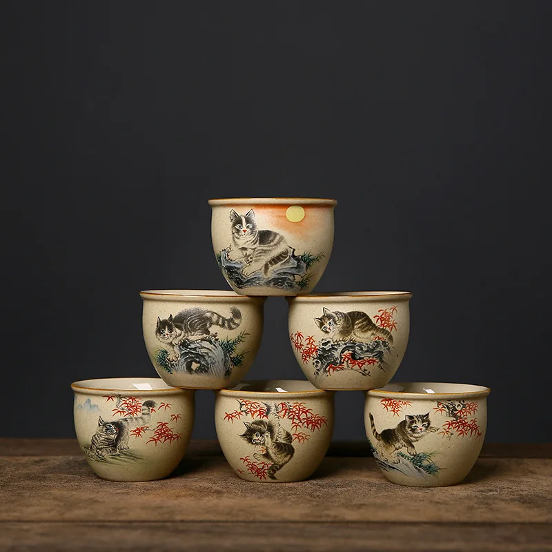 Cute Cat Teacup Chinese Coarse Pottery Ceramic Opening Cup Pottery Beautiful Tea Cups Set Teaware for Tea Ceremony