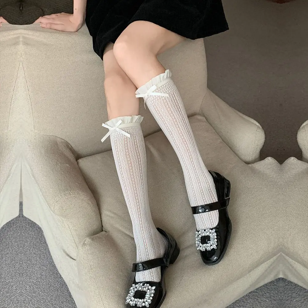 Cute Lace Mesh Knee High Socks Ruffle Sweet Matching Calf Socks JK Fishnet Stockings For Women Girls