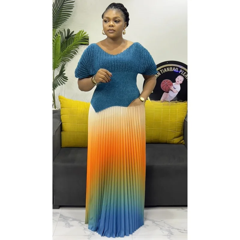 DUOSHA Pleated 2 Pieces Set Women Fashion V Neck Short Batwing Sleeves Irregular Hem T-shirt + New Gradient Color Skirt