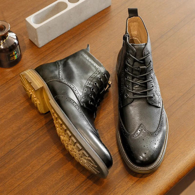 Desai Men's New Brogue Genuine Leather Boots Fleece-lined Shoes Fashion Boots,Warm,Large Size, Casual, Lace-up, Zipper,Gifts