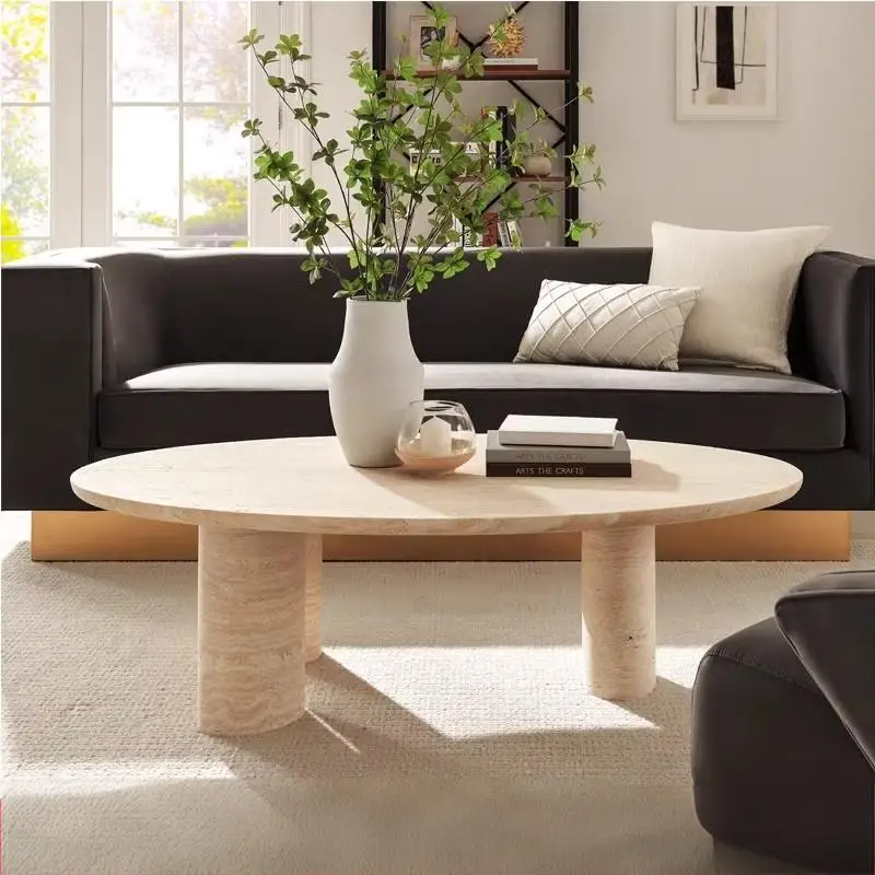 "Designer Travertine Coffee Table - Wabi Sabi Oval Center Table, Custom Natural Stone Living Room Furniture"