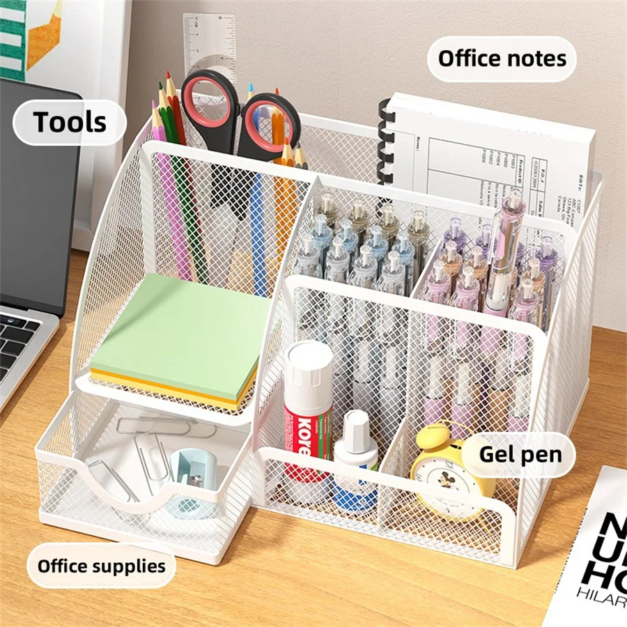 Desk Stationery Organizer Creative Metal Pen Holder Pencil File Storage Rack 7 Grid Storage Box Divided Container Office Access