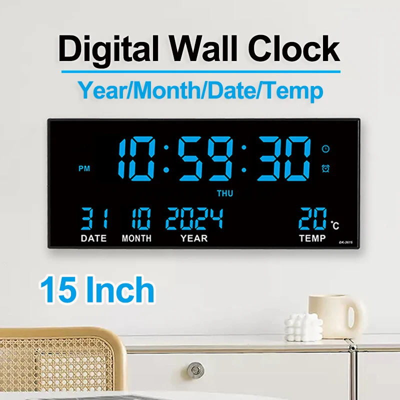 Digital Large Wall Clock Alarm Temperature Date Calendar Display 8 Sets of Alarm Clocks 14'' Electronic LED Clock Plug in Use