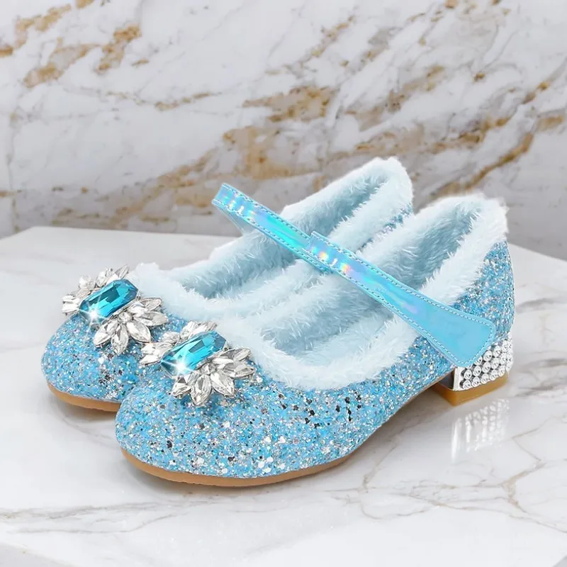 Disney Princess Crystal Girls Shoes Frozen Elsa Sophia Rhinestones Shoes Performance Party High Heels Pink Blue Shoes Size 23-36