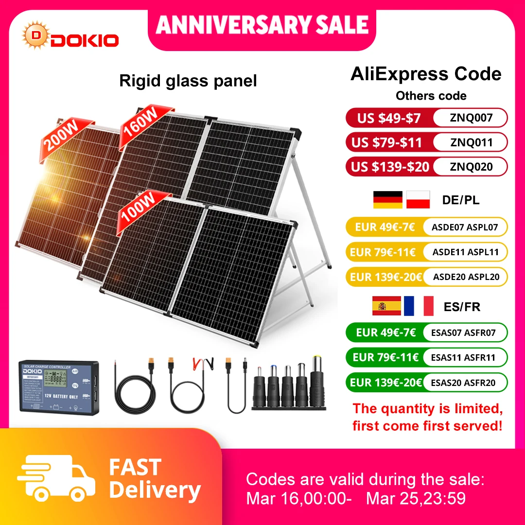Dokio Foldable Solar Panel Suitcase for RV Camper Van Off Grid System, Monocrystalline 100W 160W 200W with 12V Controller