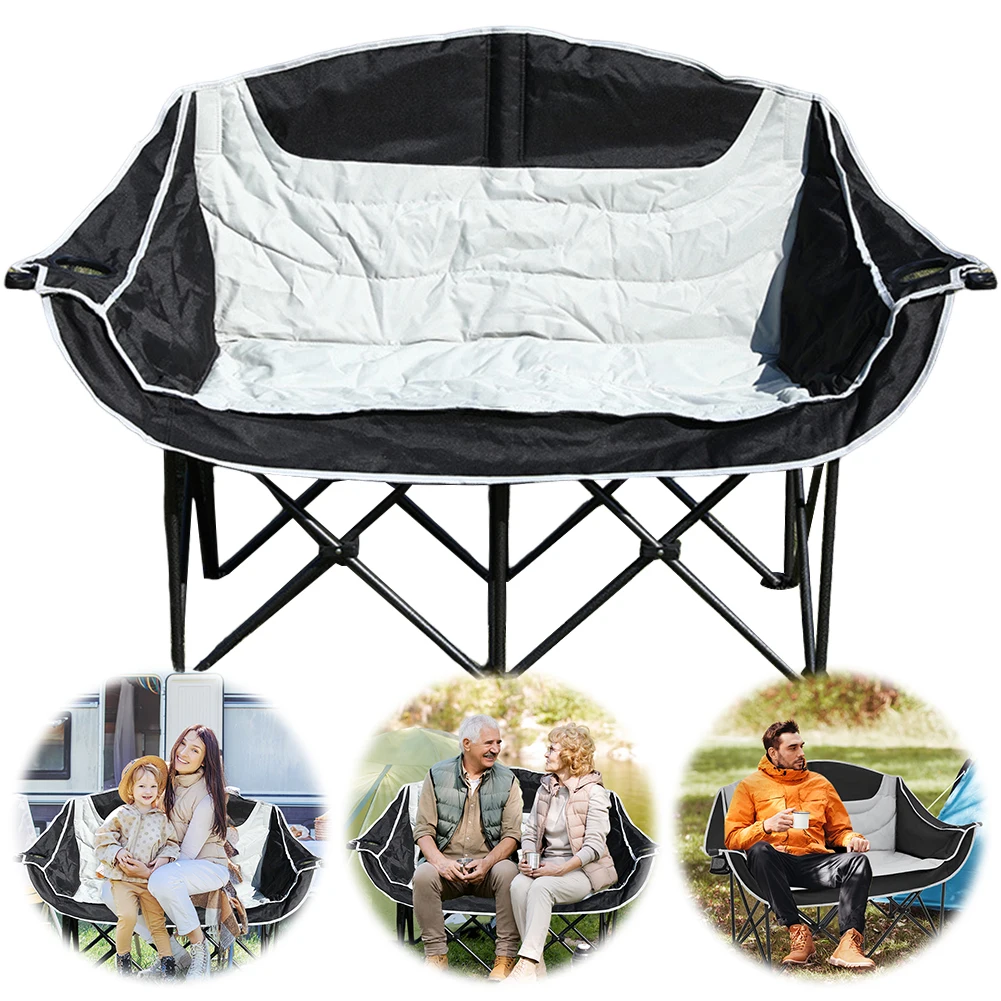 Double Camping Chair 2 Person Camping Chair with Cup Holder and Carry Bag Padded Lawn Chairs Support 600lbs for Adults