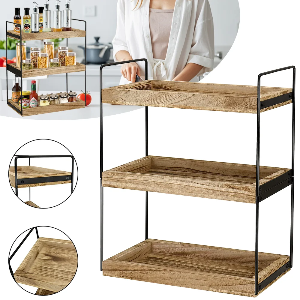 Double layer iron wood seasoning rack, kitchen spice rack, bathroom cabinet rack, washbasin countertop storage rack