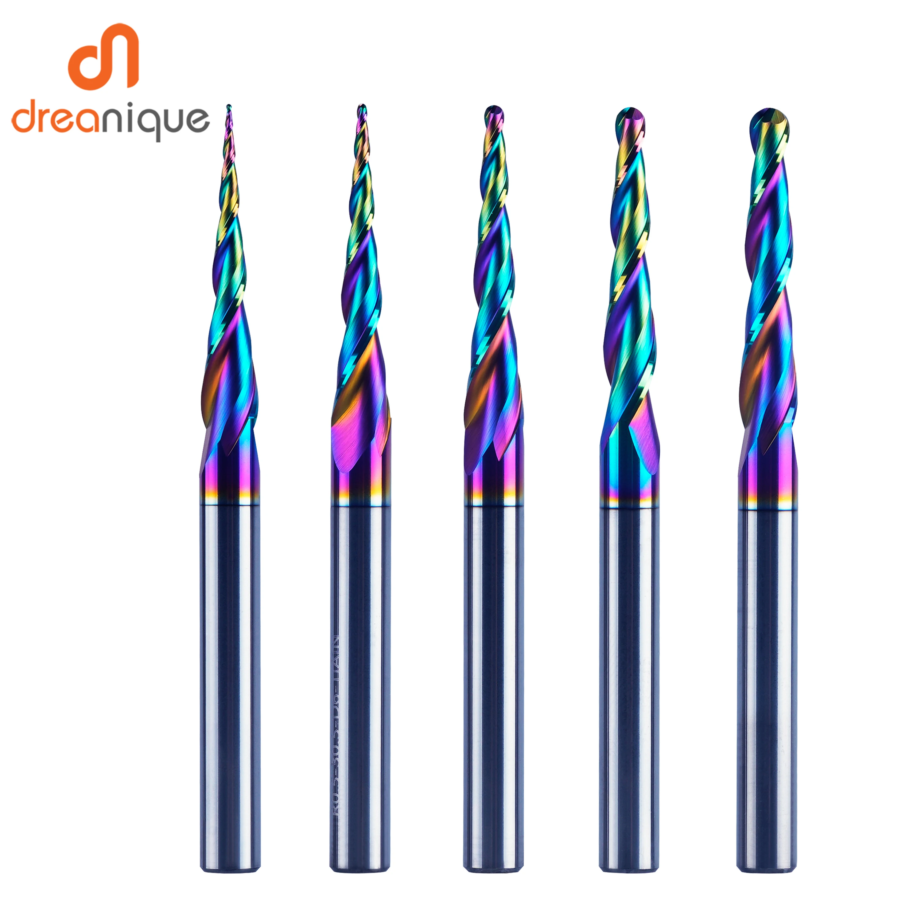 Dreanique 1pc Taper Ball Nose Engraving Bit 2 Flutes DLC Coated Milling Cutter Router Bits for Wood Metal 3D Carving End Mill
