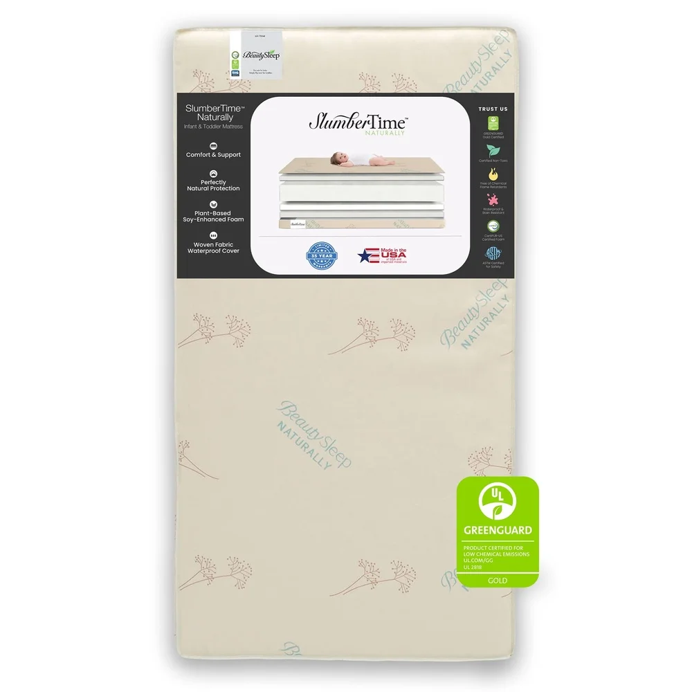 Dual Sided Crib Toddler Mattress Firm Soy Foam Core Natural Cotton Cover GREENGUARD Gold Certified Waterproof Baby Sleep Surface