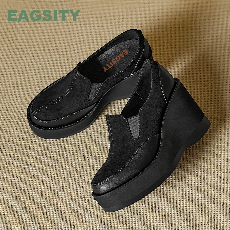 EAGSITY 2026 new Cow Leather suede wedge shoes women high heel platform shoes casual loafers ladies shoes pumps wedding party