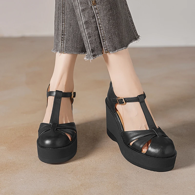EAGSITY Cow Leather black wedge heels platform sandals women's high heel ankle strap gladiator sandals pumps shoes