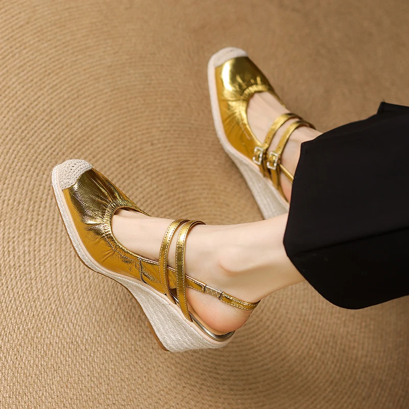 EAGSITY Cow Leather slingback heel espadrilles wedge sandals women's shoes ankle strap wedges heel pumps rope outsole sandals