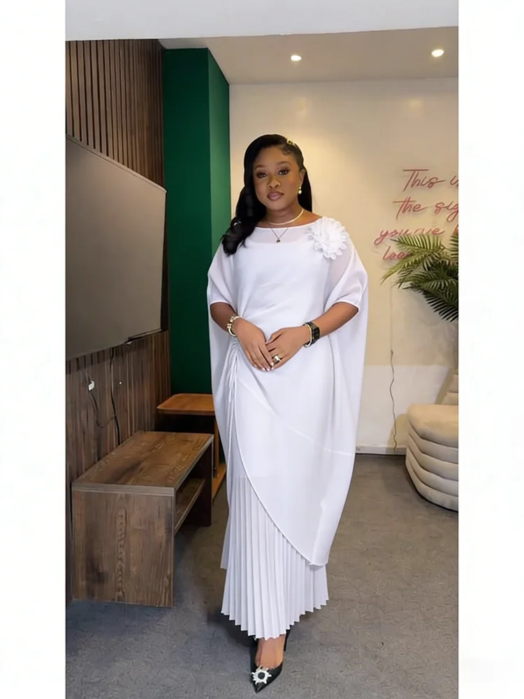 EGRM New Miyaki Pleated Pants Set Three-dimensional Flower Batwing Sleeve Long Dress And Wide Leg Pants Two Pieces Sets 9R6175