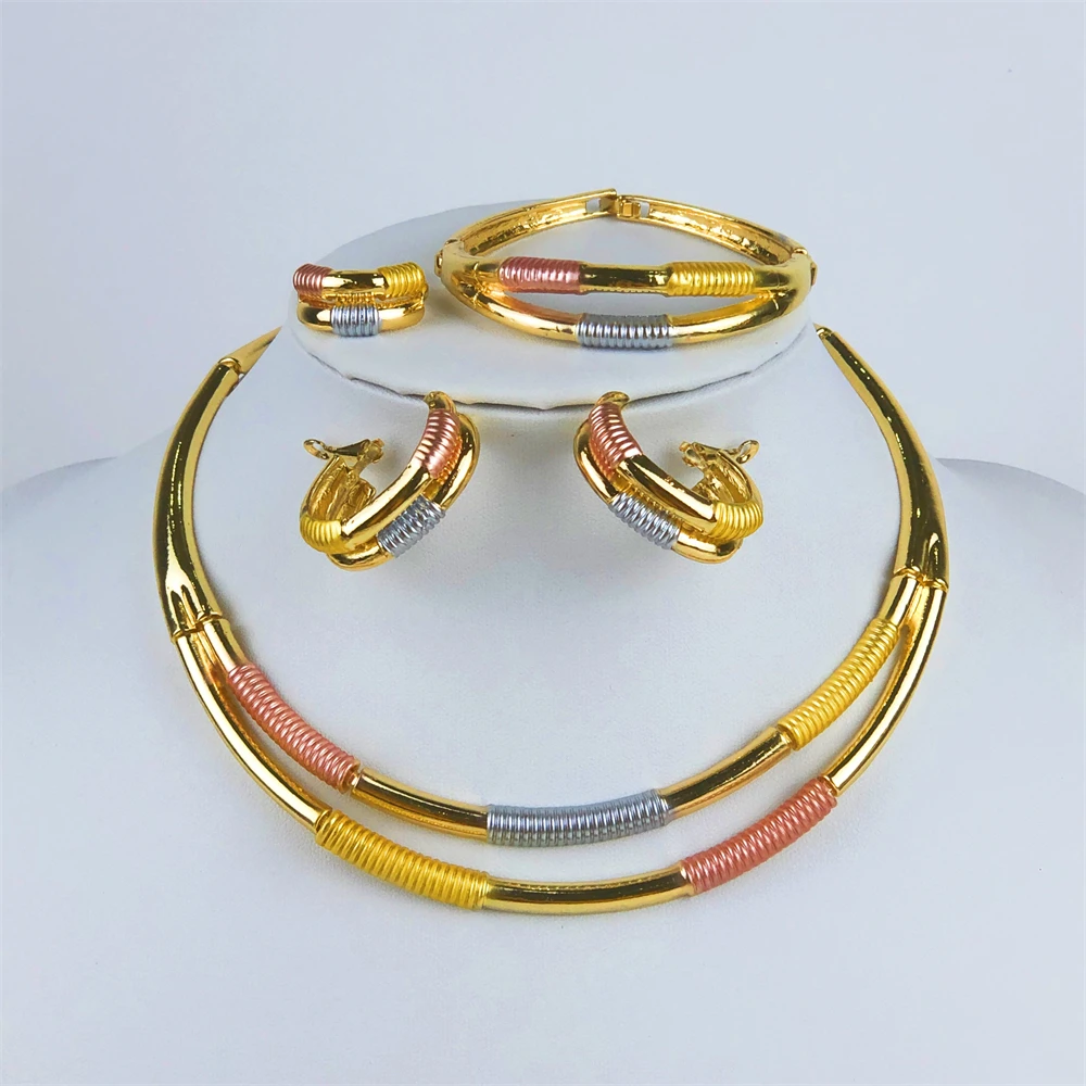 ESALE Dubai Style Gold Color Earring Sets Necklace Earring Bracelet Rings Sets For Women To Wear As A Banquet Gift