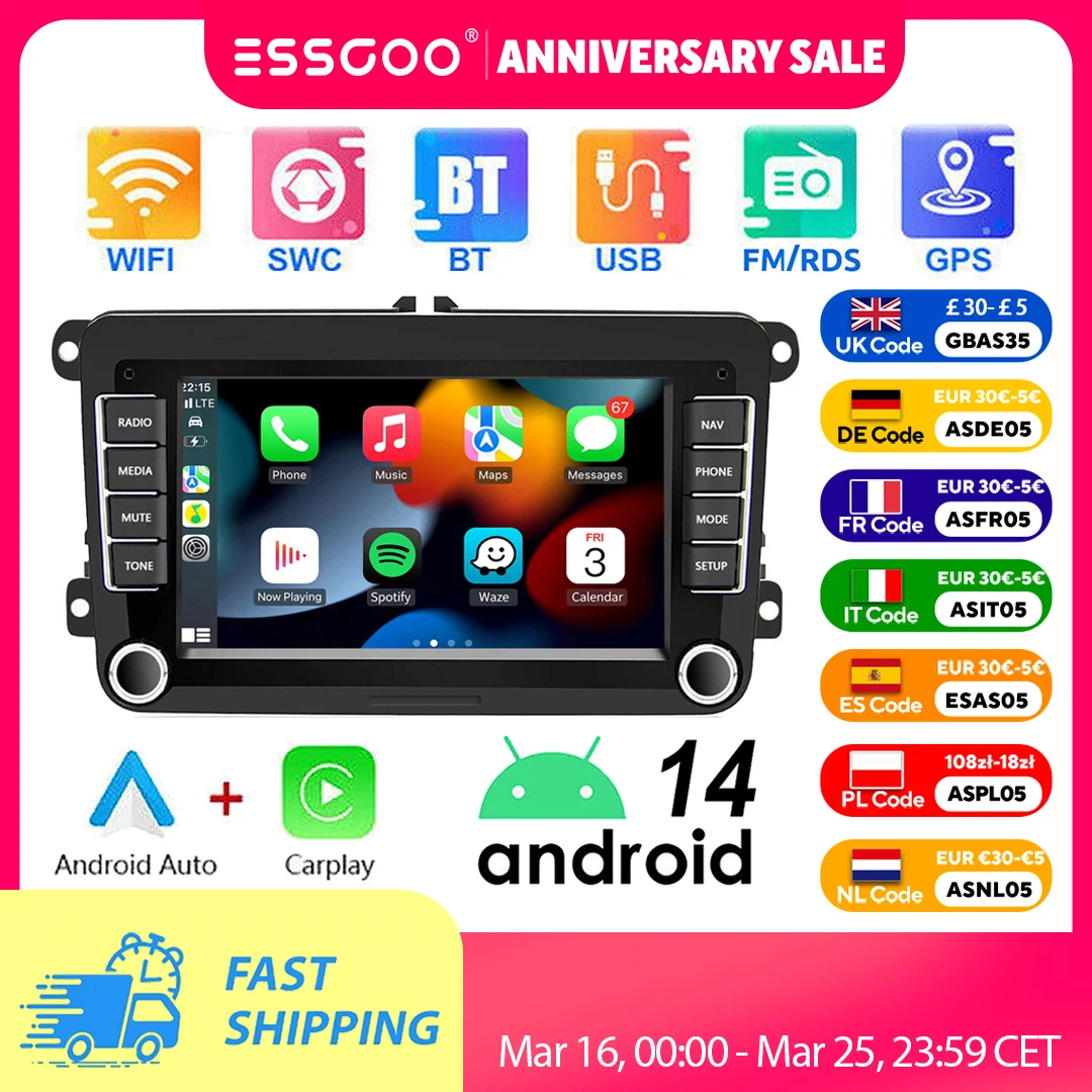 ESSGOO 7" Android 14 4G+64G Apple Carplay ChatGPT Car Stereo GPS WIFI RDS BT for VW Golf 5 6 Passat Polo Touran Tiguan Caddy EOS
