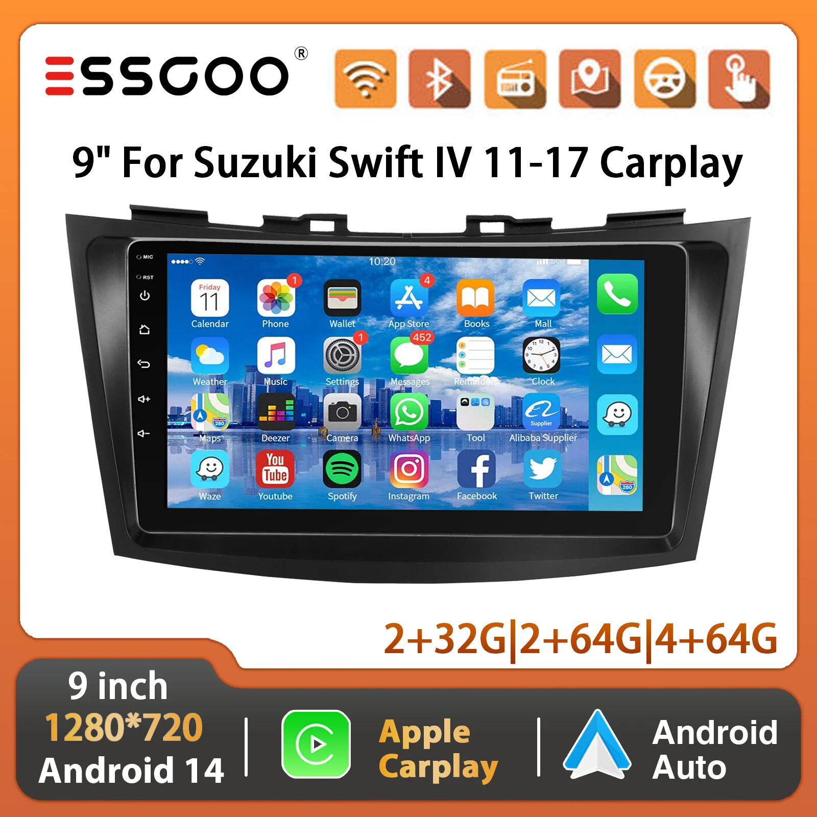 ESSGOO 9" For Suzuki Swift 4 Ertiga 2011-2017 Android14 Car Stereo Radio GPS Navigation CarPlay Android Auto FM BT RDS WiFi SWC