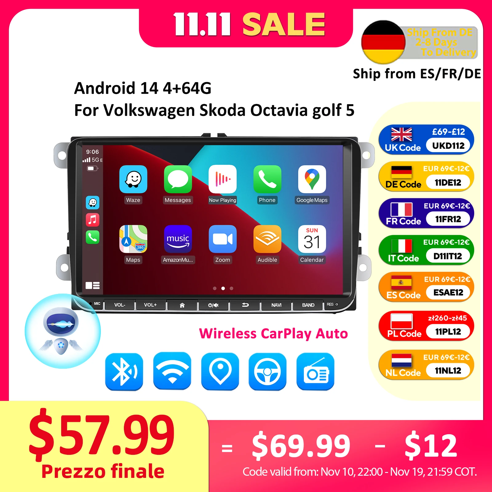 ESSGOO Android 14 Car Radio For Volkswagen Passat b6 b7 golf 5 6 Polo Jetta Skoda Car Multimedia Player GPS WiFi RDS Carplay