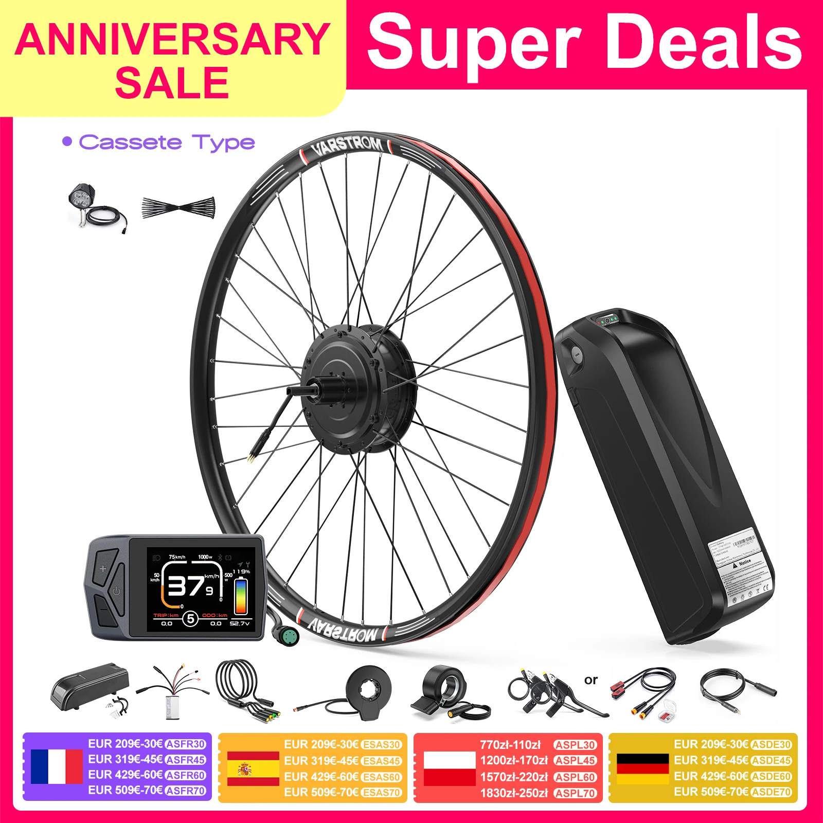 [EU Direct] Varstrom x SUTTO 36V 250W Rear Hub Wheel Motor 26inch 27.5 700C 28 29" Disc Brake Ebike Engine With Hailong 13Ah 20Ah 24A Battery Kits Electric Bicycle Conversion Kits Cassette