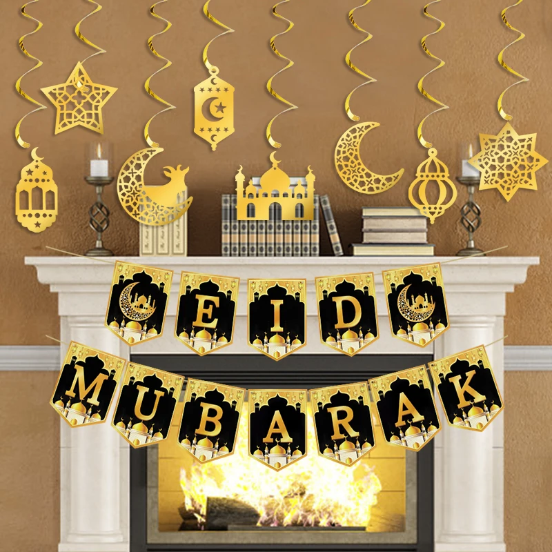 Eid Mubarak Paper Banner Garland 2026 Ramadan Moon Star Mosque Hanging Swirl Home Decoration Ornaments Islamic Muslim Party Gift