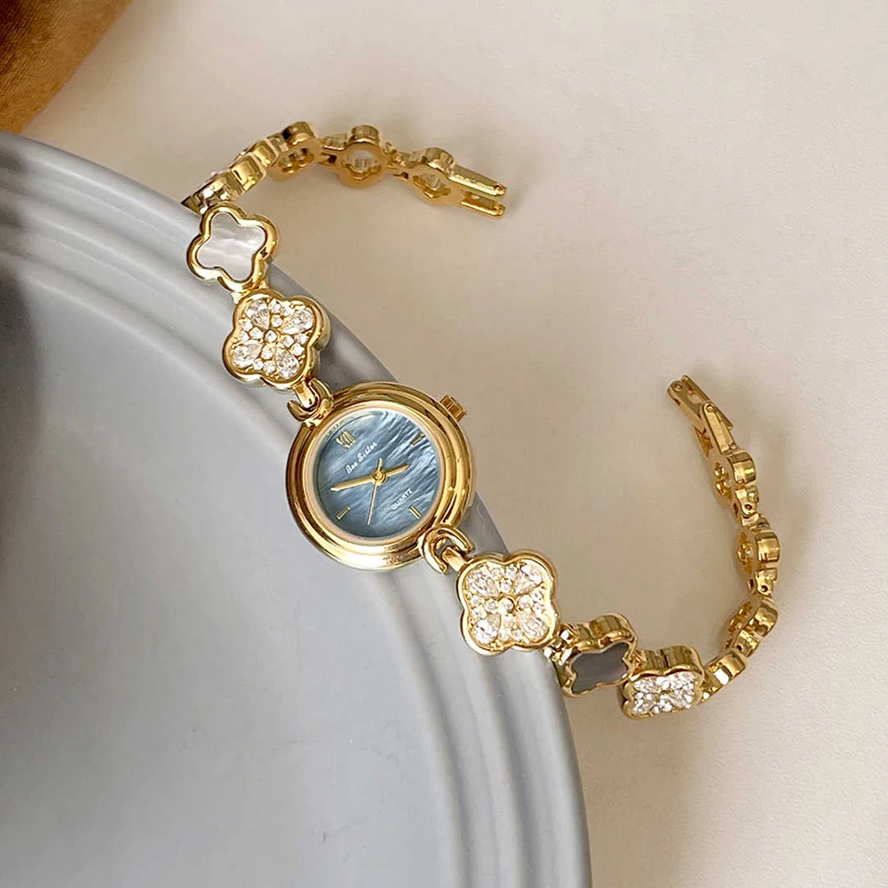 Elegant Blue shell Dial Women's Watches Fashion Gold Ladies Diamond Watch Floral Bracelet 2026 Luxury Quartz Wristwatches Gift