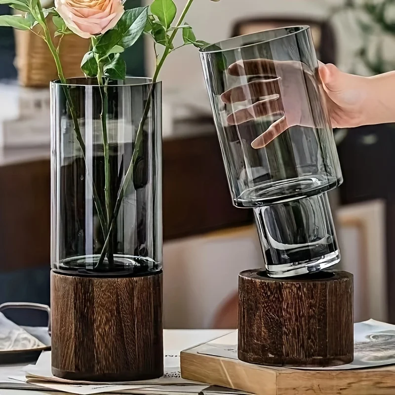 Elegant Glass Vase with Wooden Base for Hydroponic Plants, Modern Tabletop Floral Arrangement Home Decoration