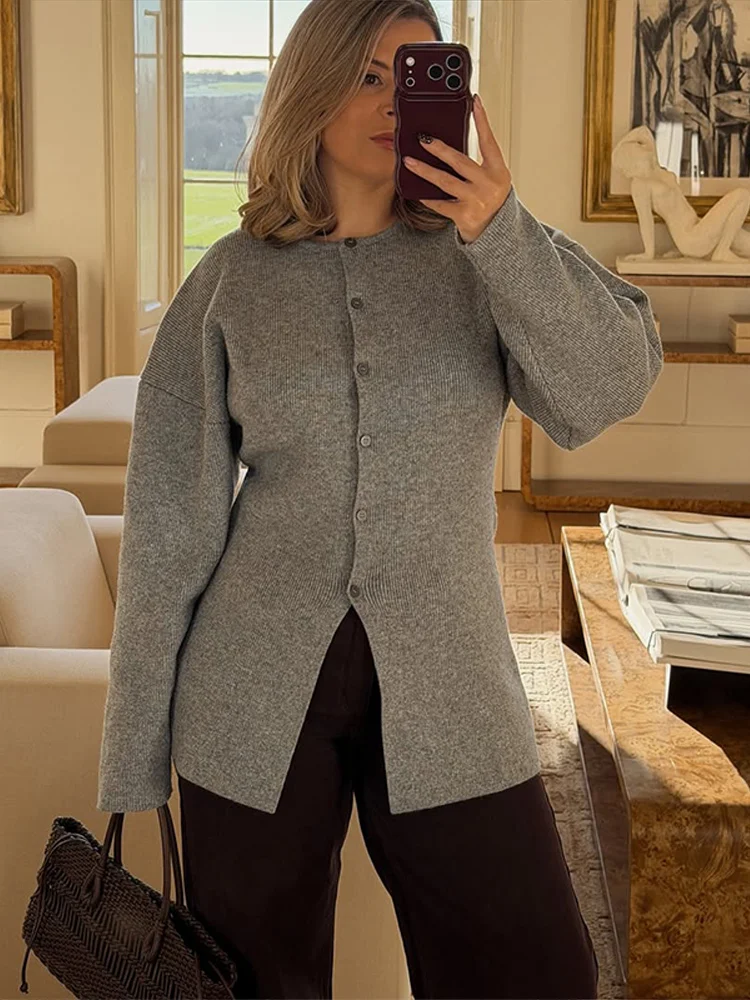 Elegant Knitted Back Lace Up Cardigan Women Casual O-neck Long Sleeved Single Button Female Sweater 2026 Spring Lady Sweaters