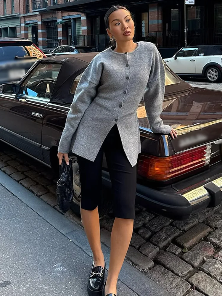 Elegant Knitted Back Lace Up Cardigan Women Casual O-neck Long Sleeved Single Button Female Sweater 2026 Spring Lady Sweaters