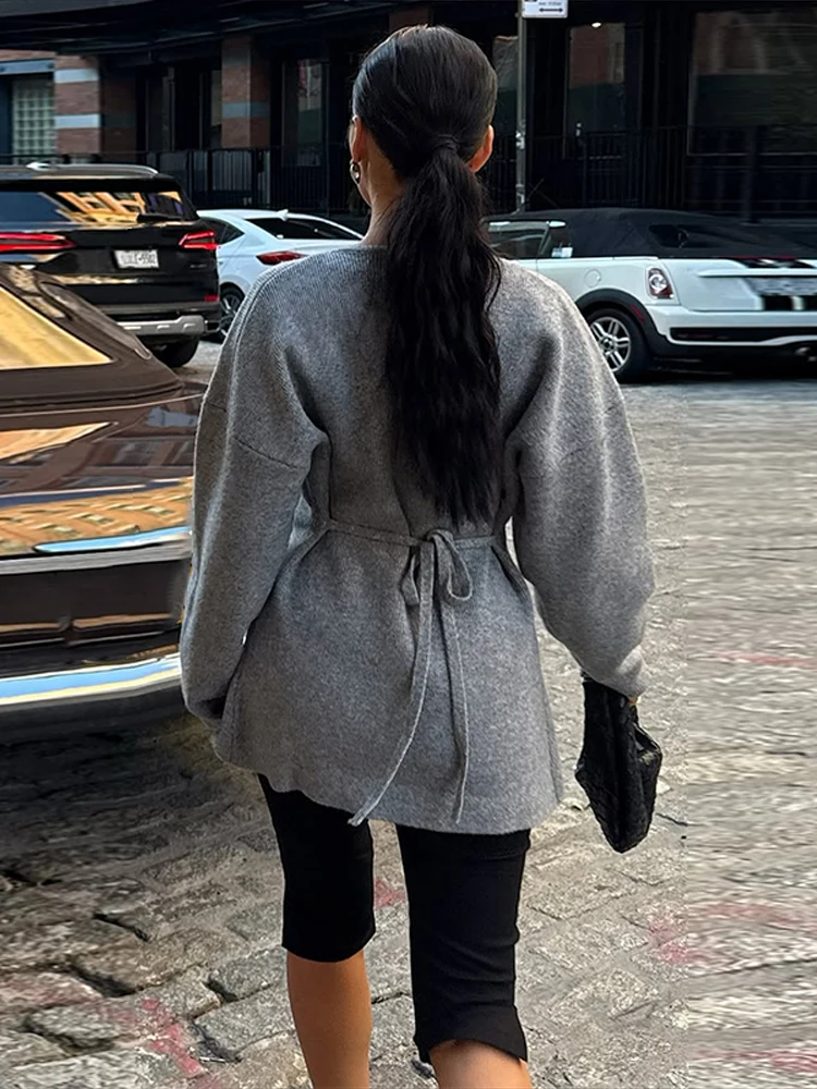 Elegant Knitted Back Lace Up Cardigan Women Casual O-neck Long Sleeved Single Button Female Sweater 2026 Spring Lady Sweaters