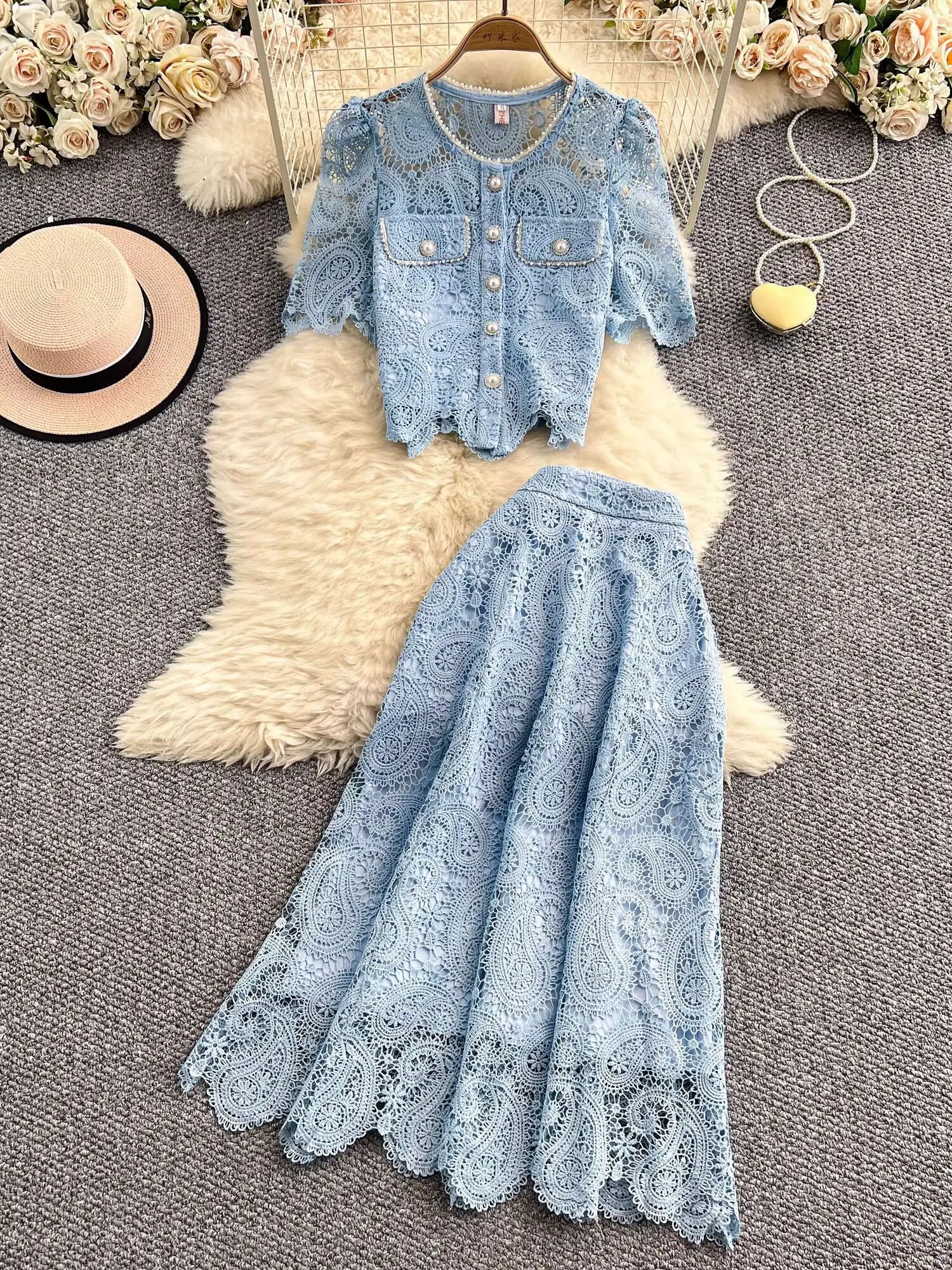 Elegant Pearl Long Dress Suits Women 2 Piece Sets Summer Short Sleeve Flower Embroidery Lace Shirt A Line Midi Skirt Sets