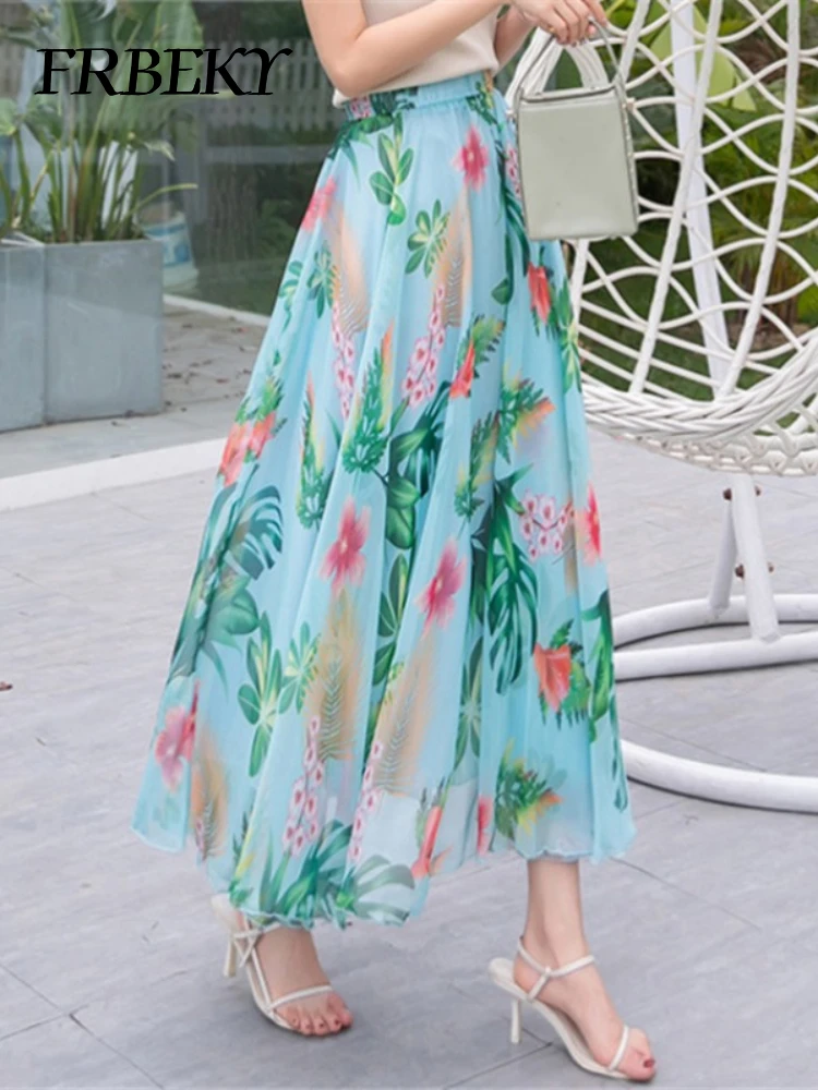 Elegant Skirts for Women Summer New Chiffon Half-body Skirt Crushed Flower Vacation Style Women's Beach Skirt Pleated Skirt