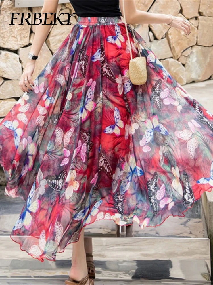 Elegant Skirts for Women Summer New Chiffon Half-body Skirt Crushed Flower Vacation Style Women's Beach Skirt Pleated Skirt