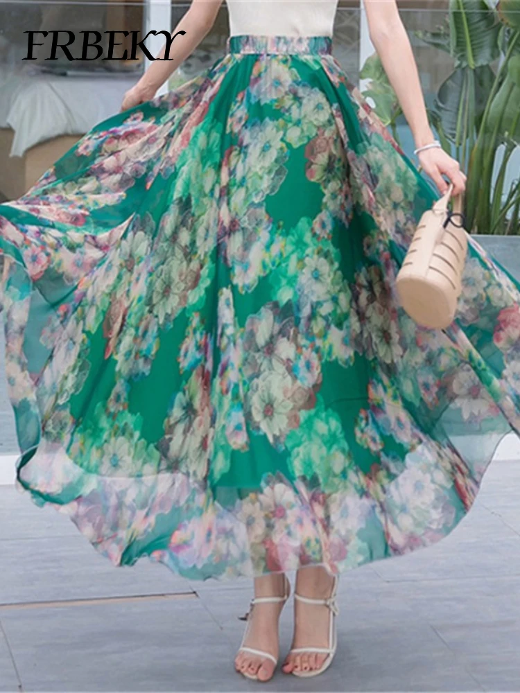 Elegant Skirts for Women Summer New Chiffon Half-body Skirt Crushed Flower Vacation Style Women's Beach Skirt Pleated Skirt