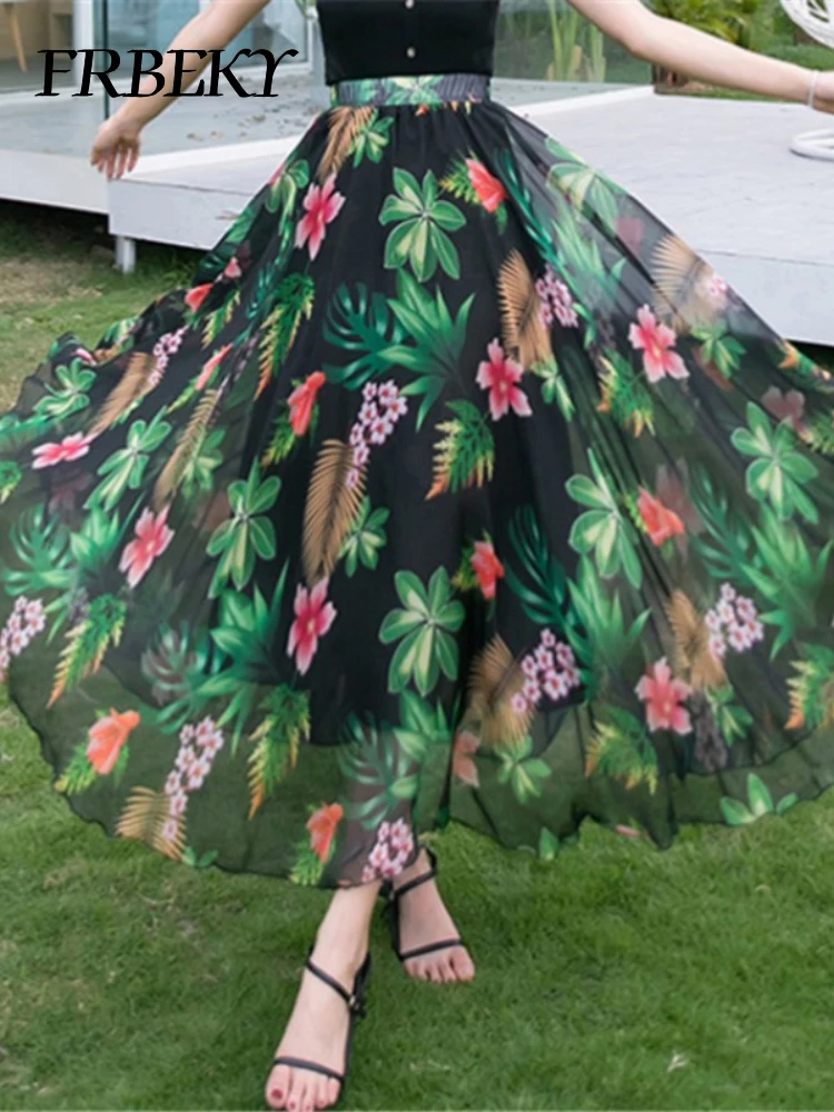 Elegant Skirts for Women Summer New Chiffon Half-body Skirt Crushed Flower Vacation Style Women's Beach Skirt Pleated Skirt