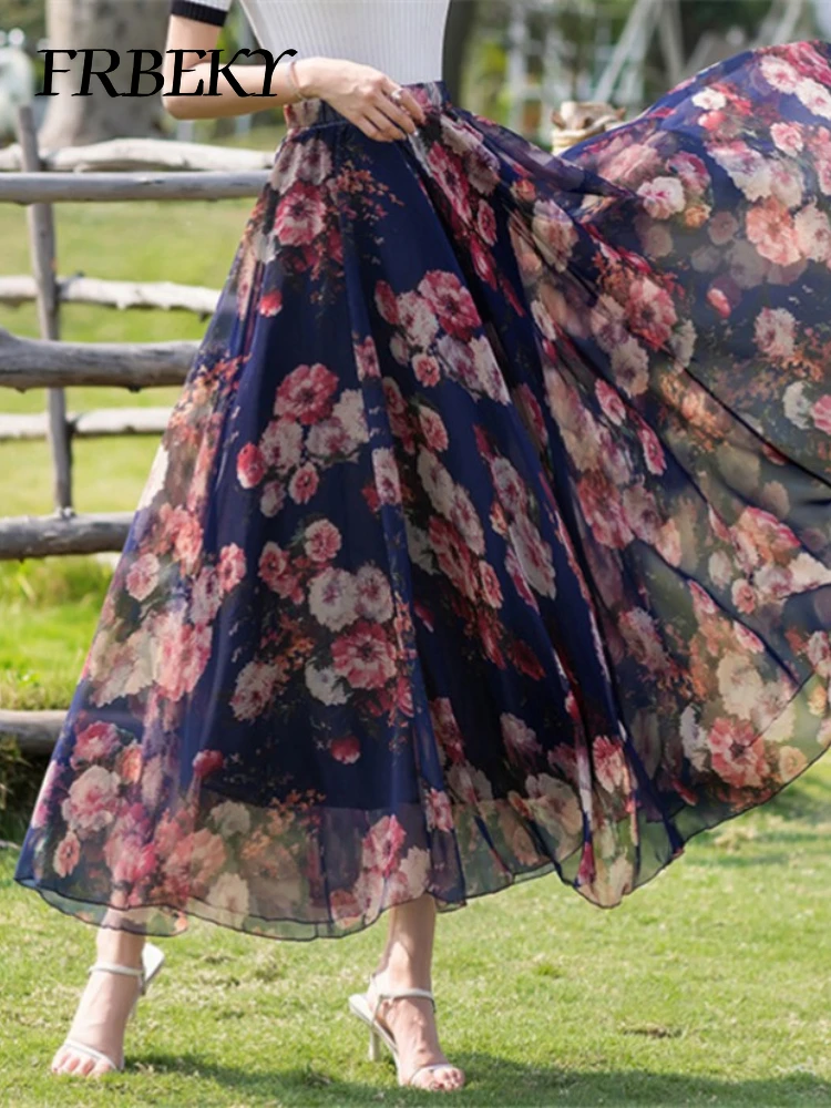 Elegant Skirts for Women Summer New Chiffon Half-body Skirt Crushed Flower Vacation Style Women's Beach Skirt Pleated Skirt